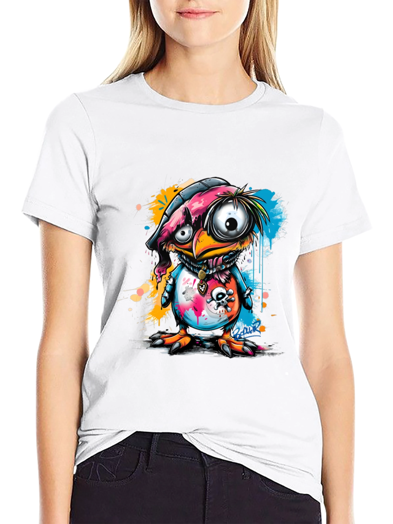 Cartoon Bird Graphic Tee - Edgy Skull Design