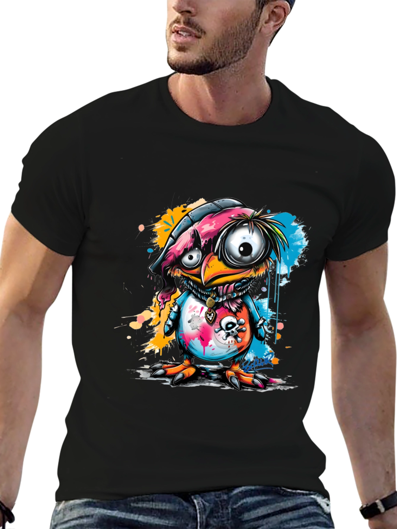 Cartoon Bird Graphic Tee - Edgy Skull Design