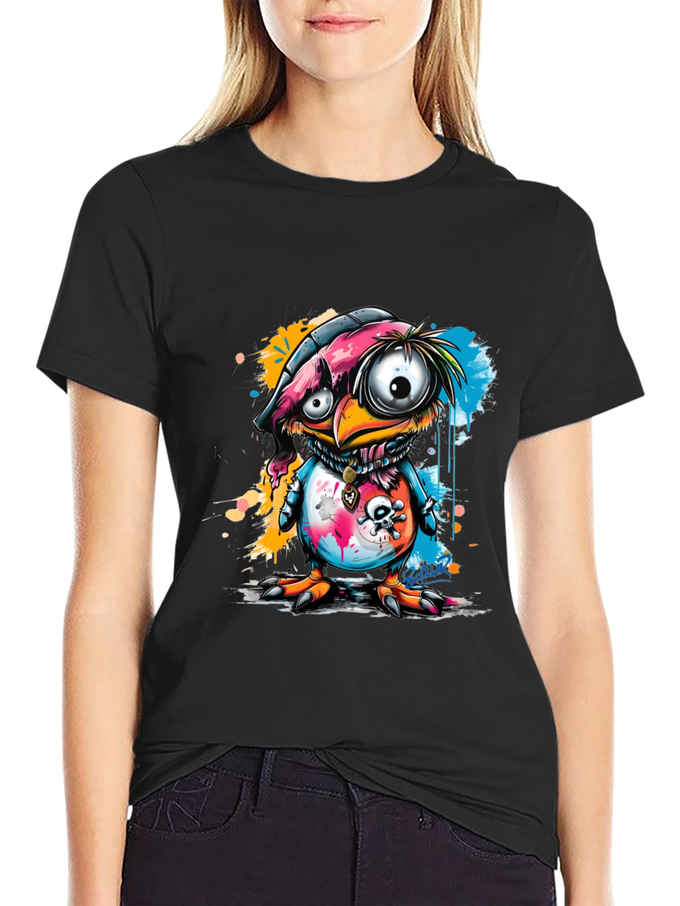 Cartoon Bird Graphic Tee - Edgy Skull Design