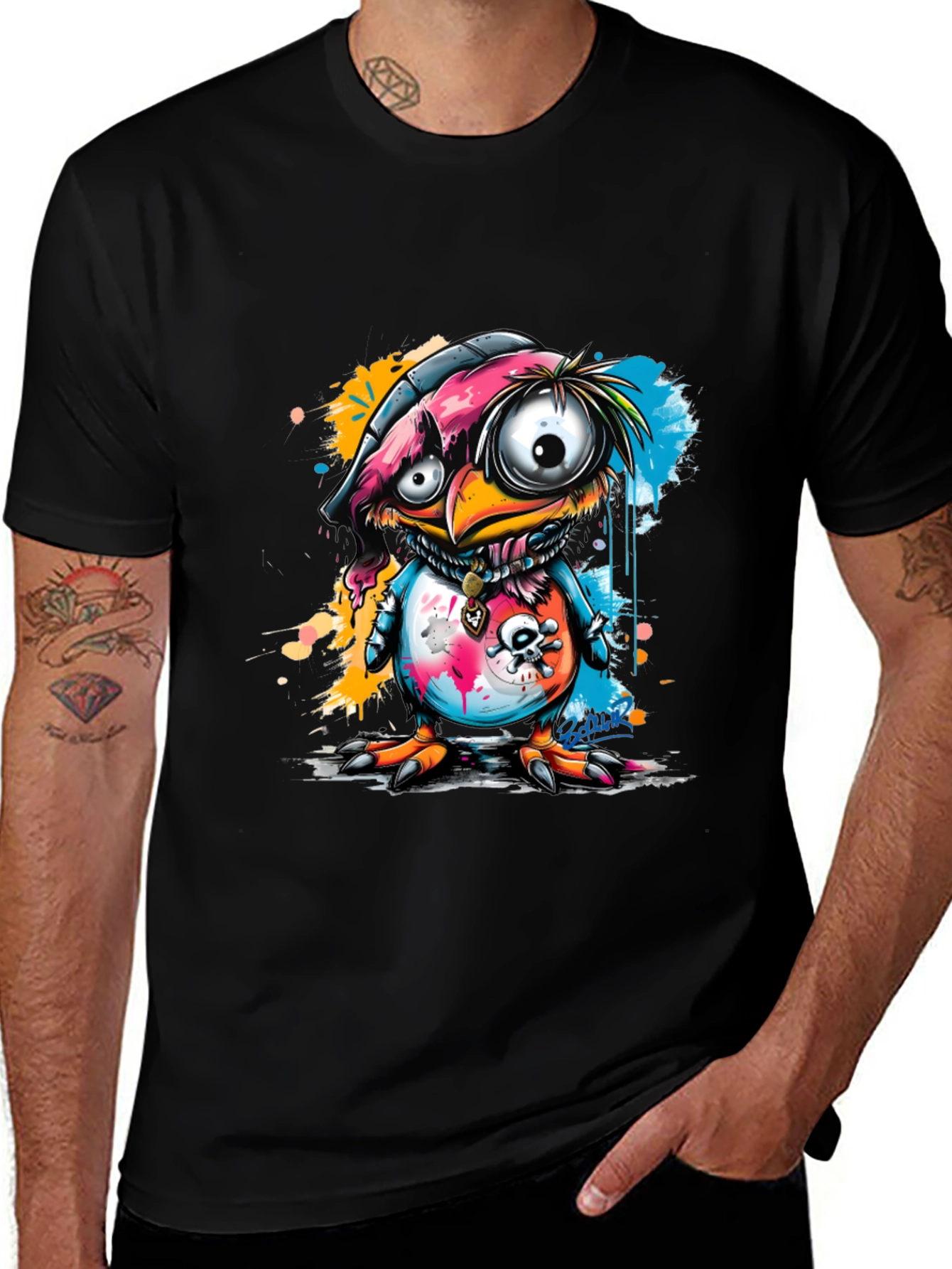 Cartoon Bird Graphic Tee - Edgy Skull Design