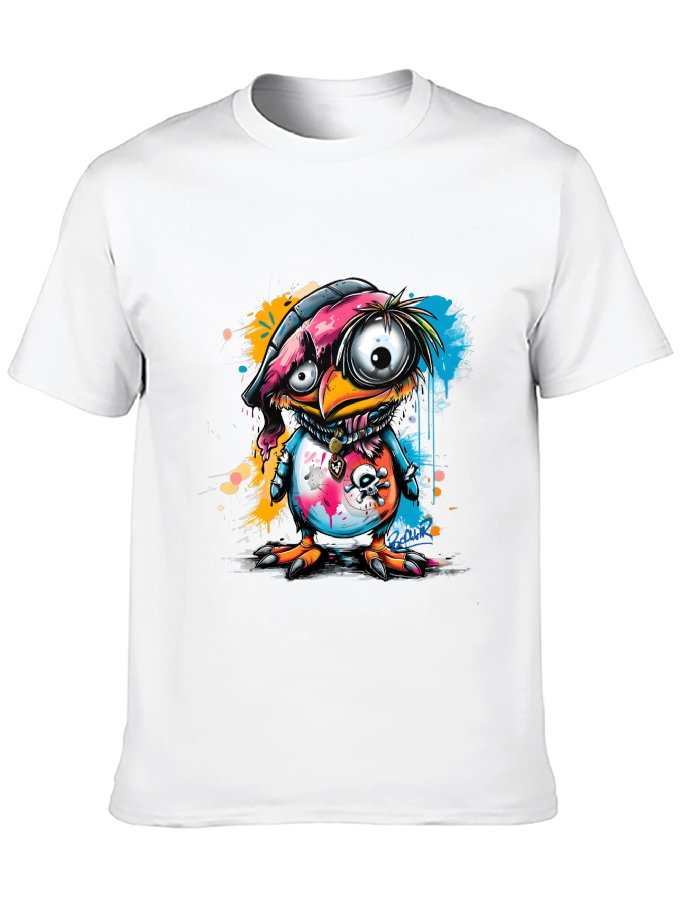 Cartoon Bird Graphic Tee - Edgy Skull Design