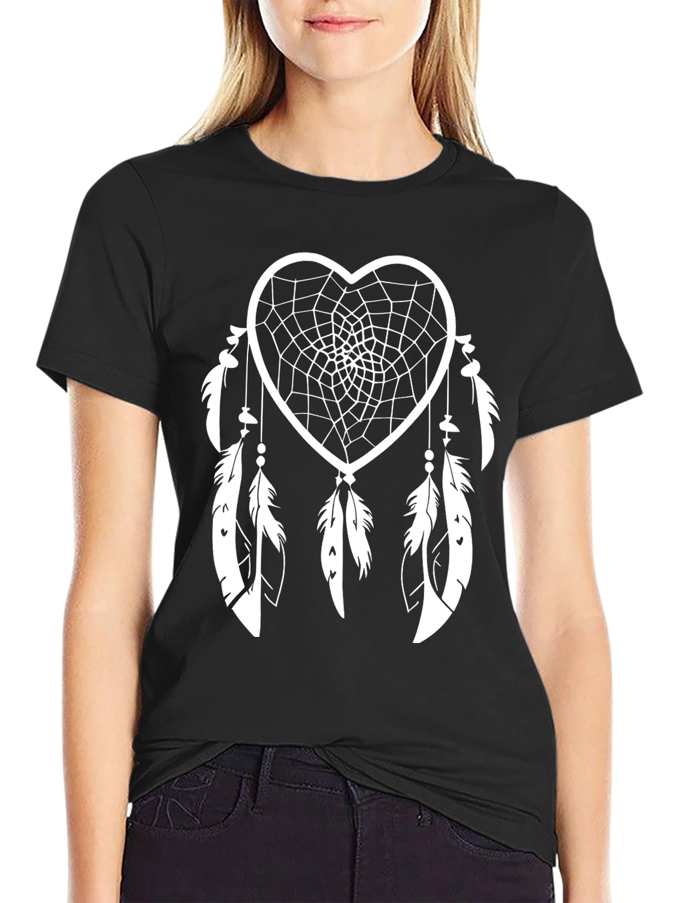 Heart Dreamcatcher Graphic Tee - Black Cotton Shirt