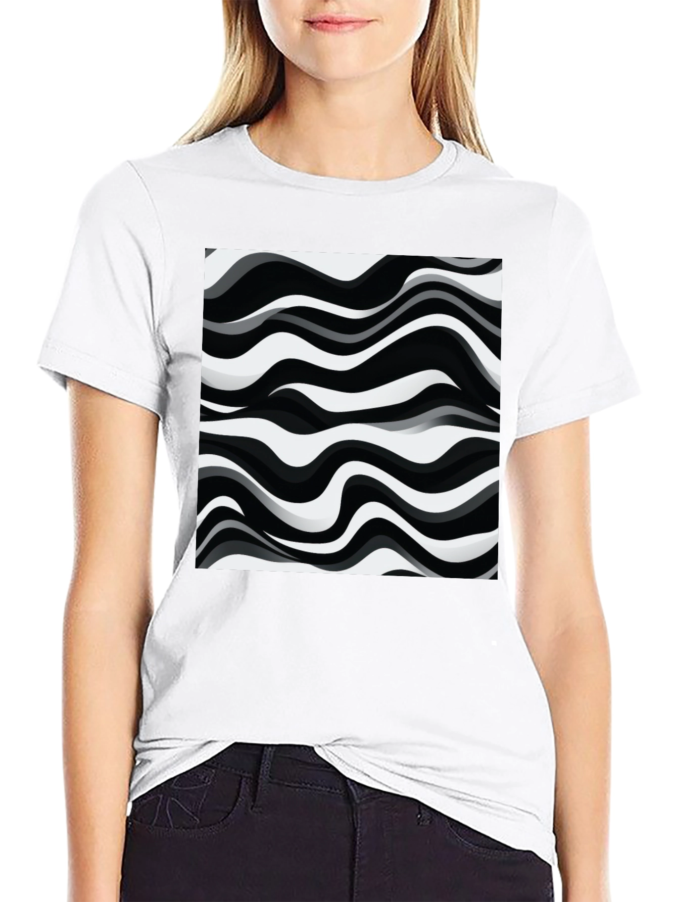 Abstract Wave Pattern Graphic Tee - Black