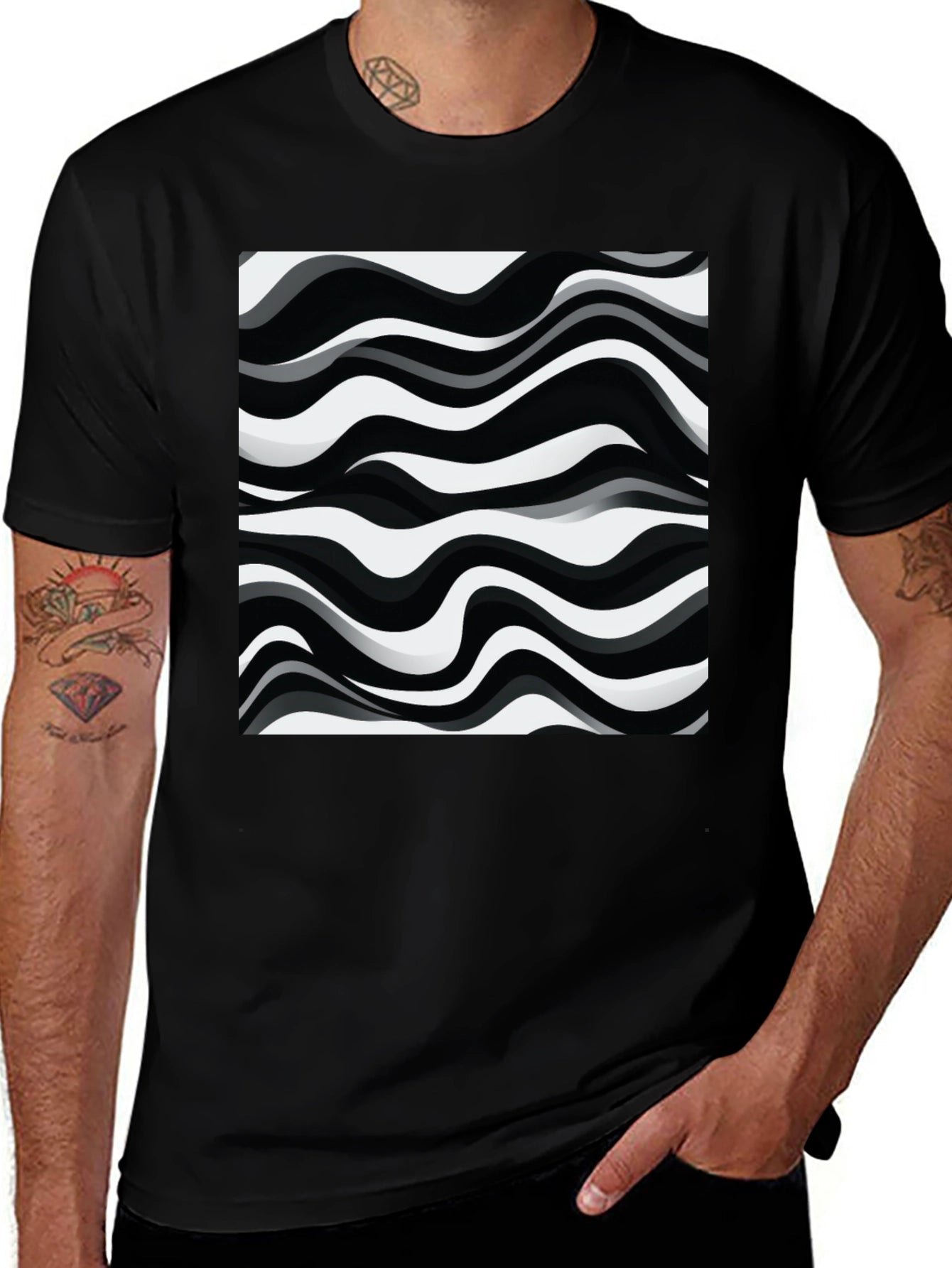 Abstract Wave Pattern Graphic Tee - Black