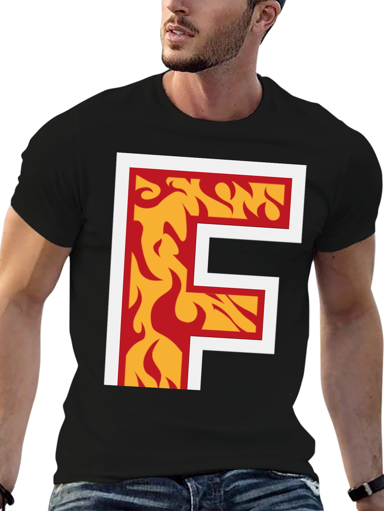 Fiery Letter F Graphic Tee - Bold Black T-Shirt