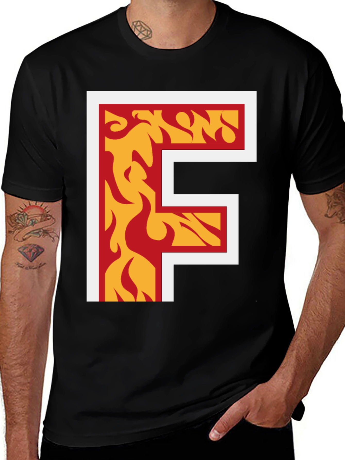Fiery Letter F Graphic Tee - Bold Black T-Shirt
