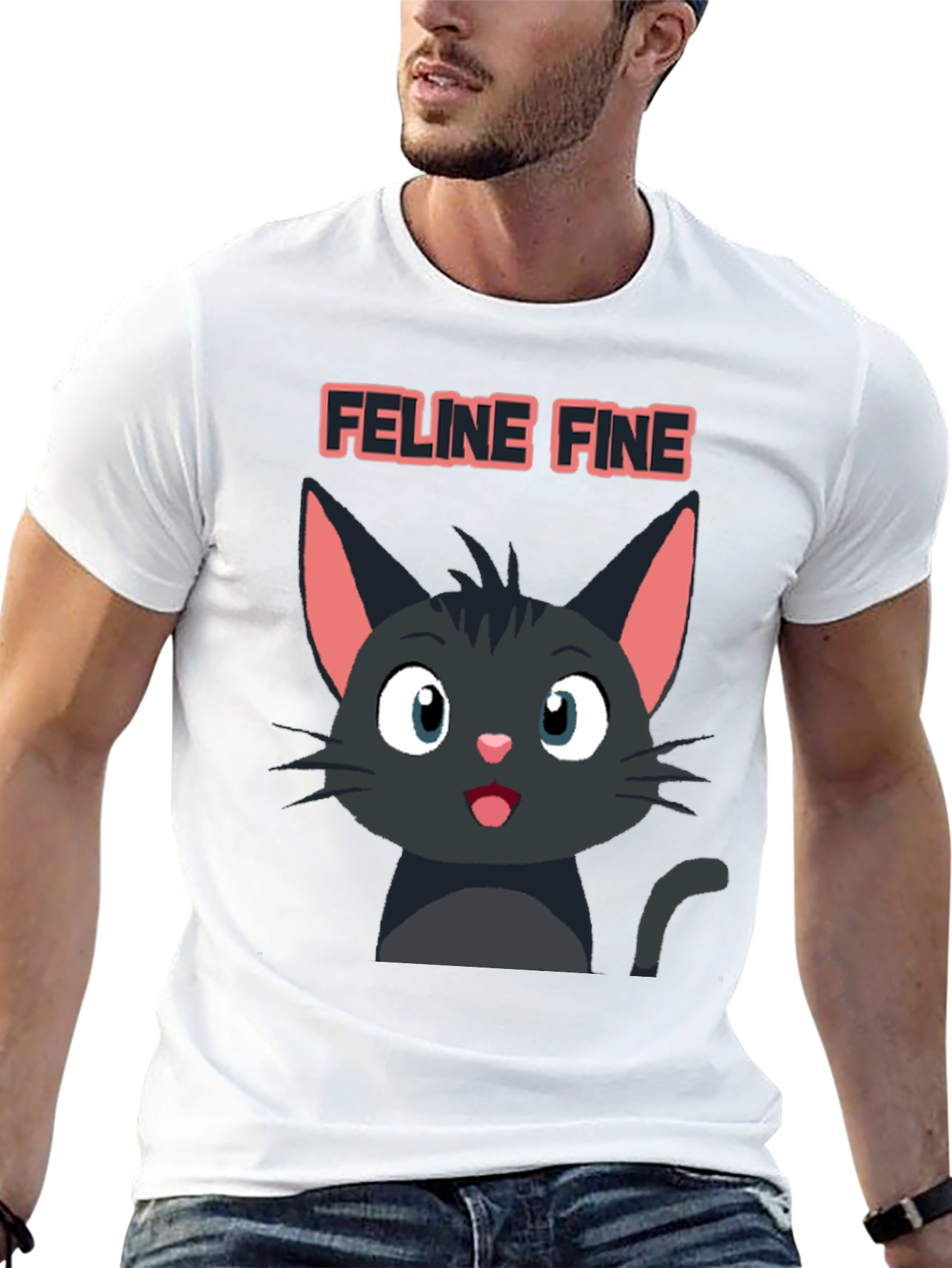 Feline Fine Black Cat T-Shirt - Cute Cartoon Design