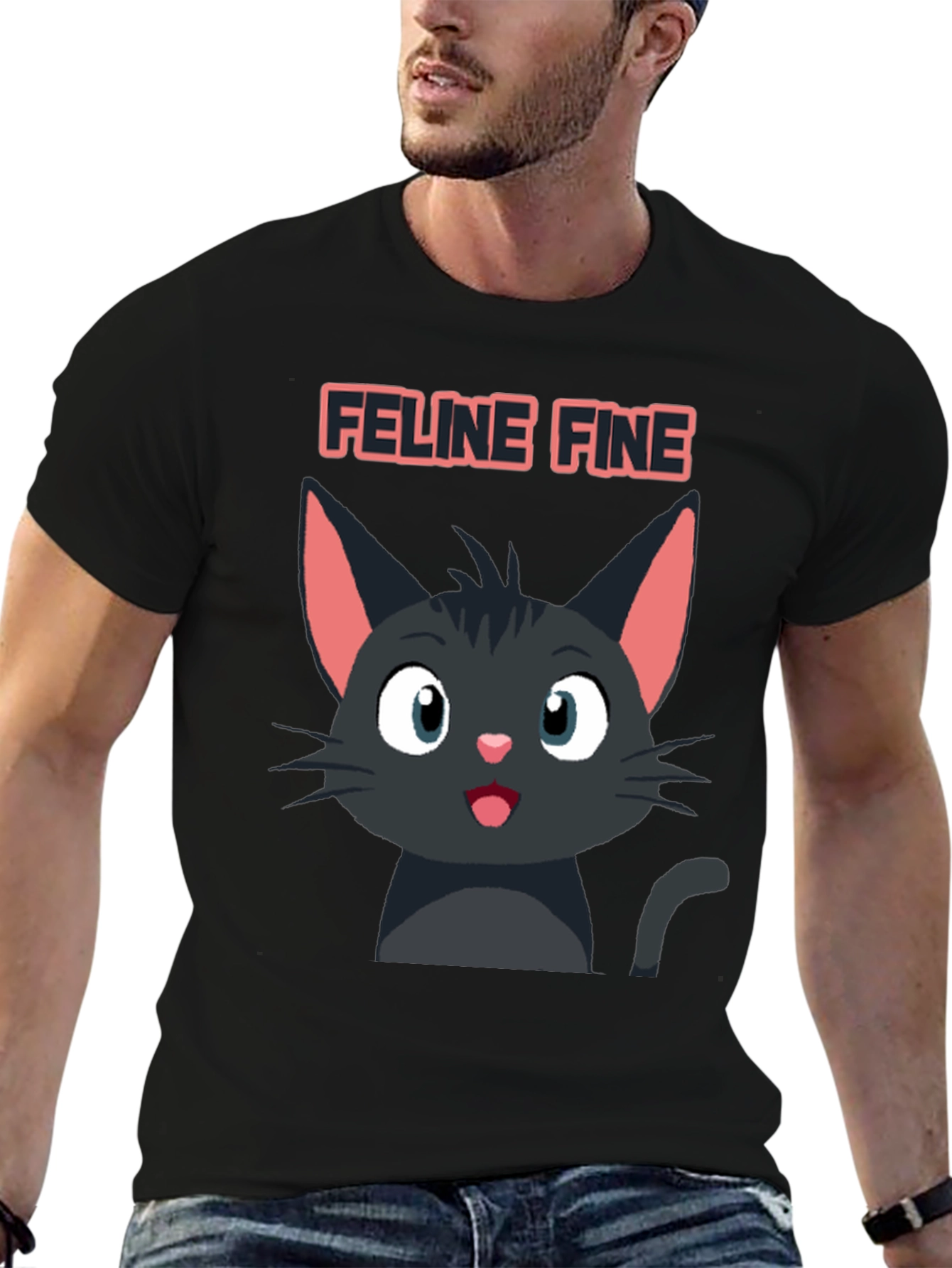 Feline Fine Black Cat T-Shirt - Cute Cartoon Design