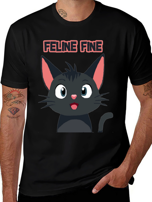 Feline Fine Black Cat T-Shirt - Cute Cartoon Design