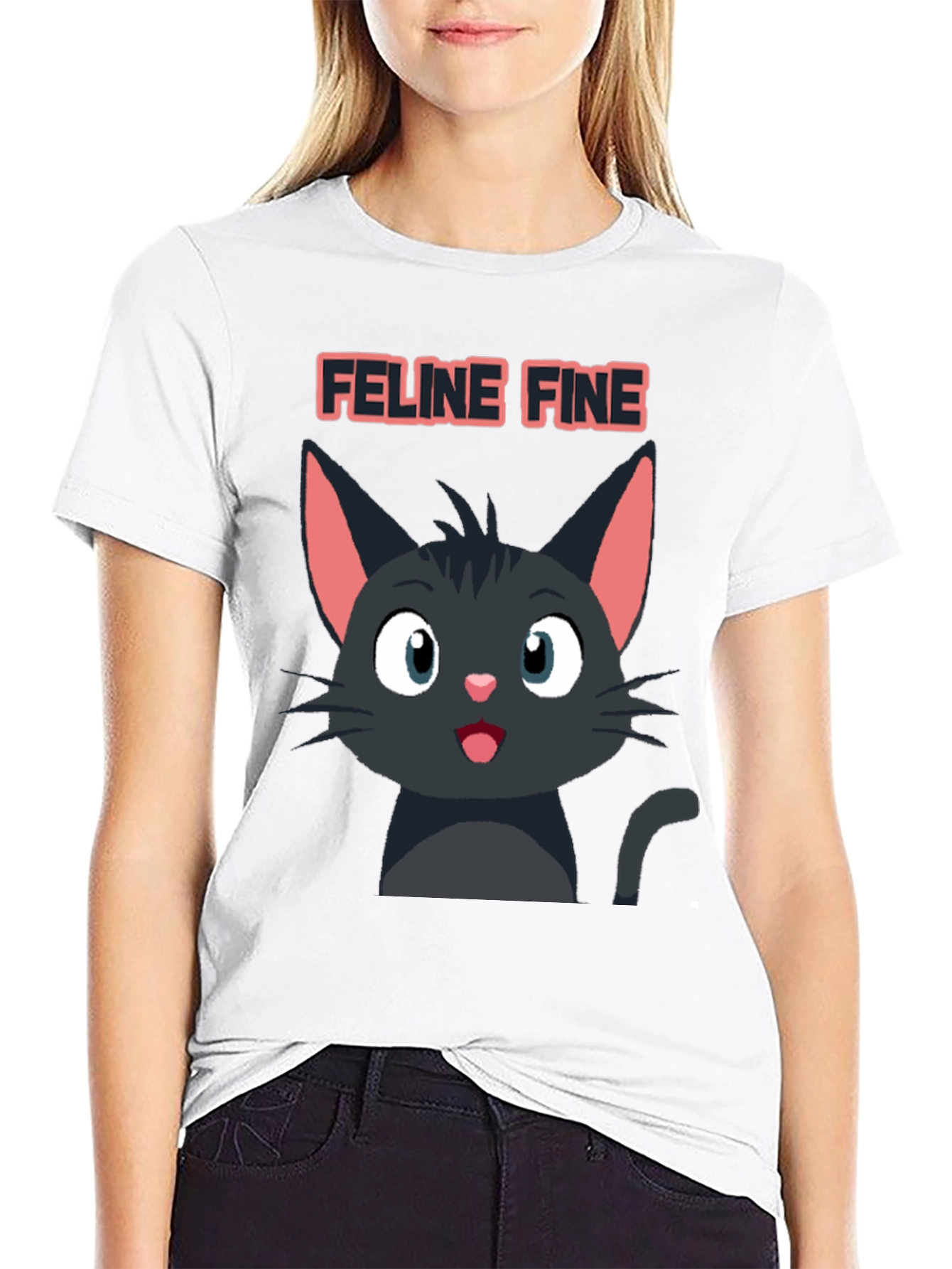 Feline Fine Black Cat T-Shirt - Cute Cartoon Design