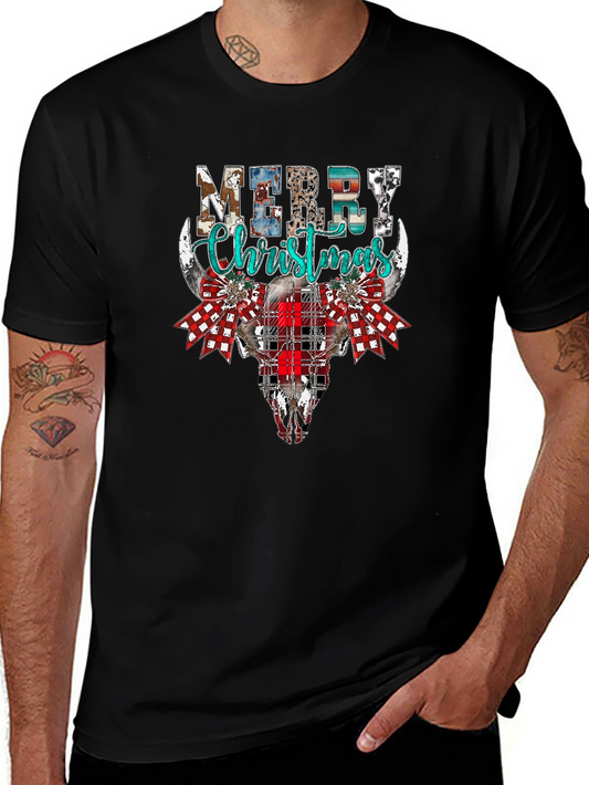 Merry Christmas Bull Skull Graphic Tee