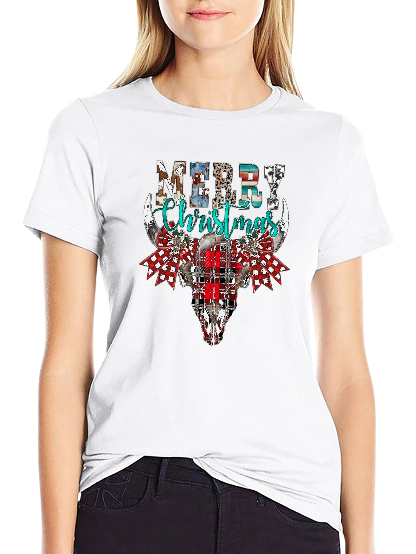 Merry Christmas Bull Skull Graphic Tee