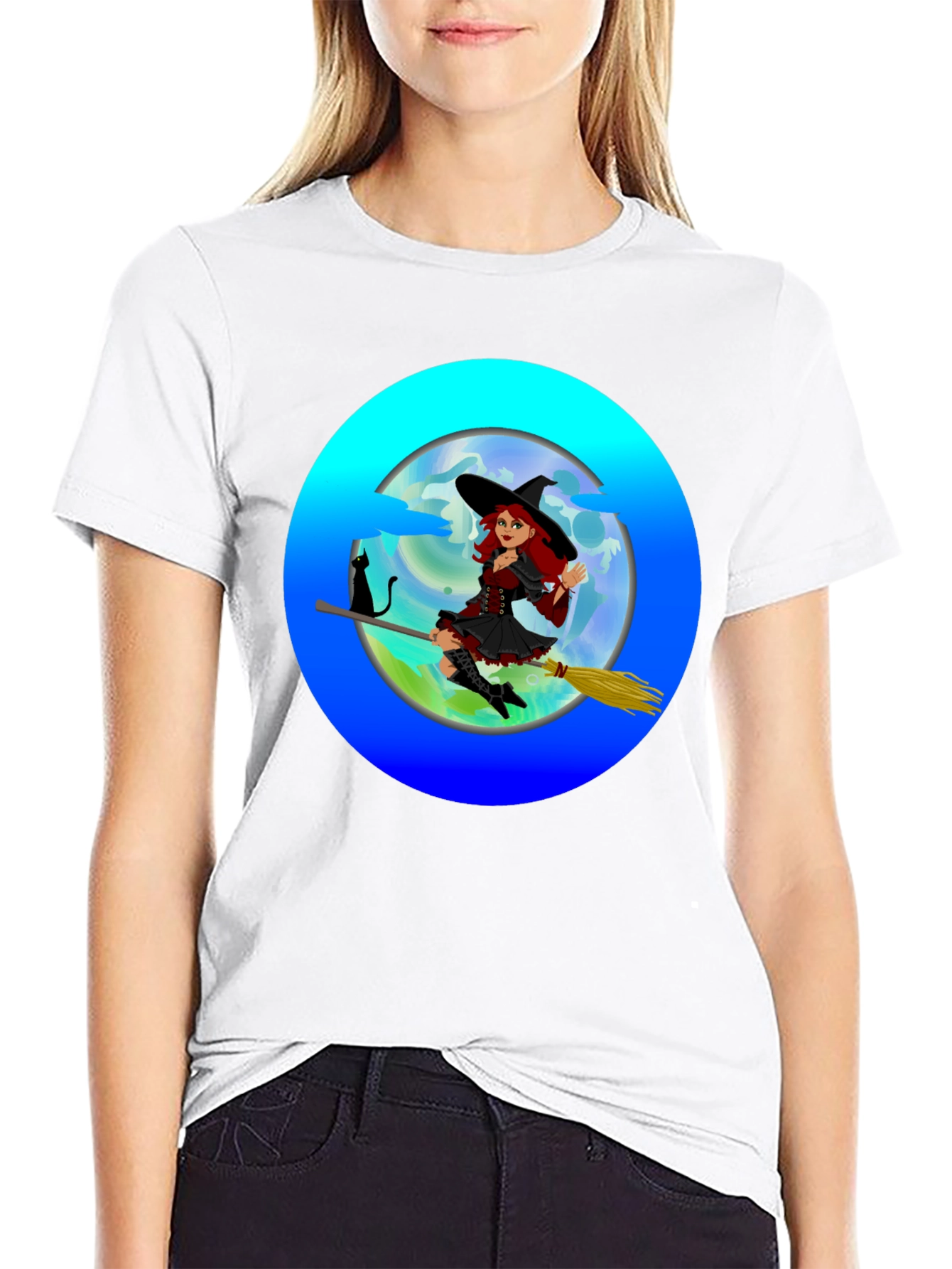 Witch on Broom T-Shirt - Spooky & Fun!