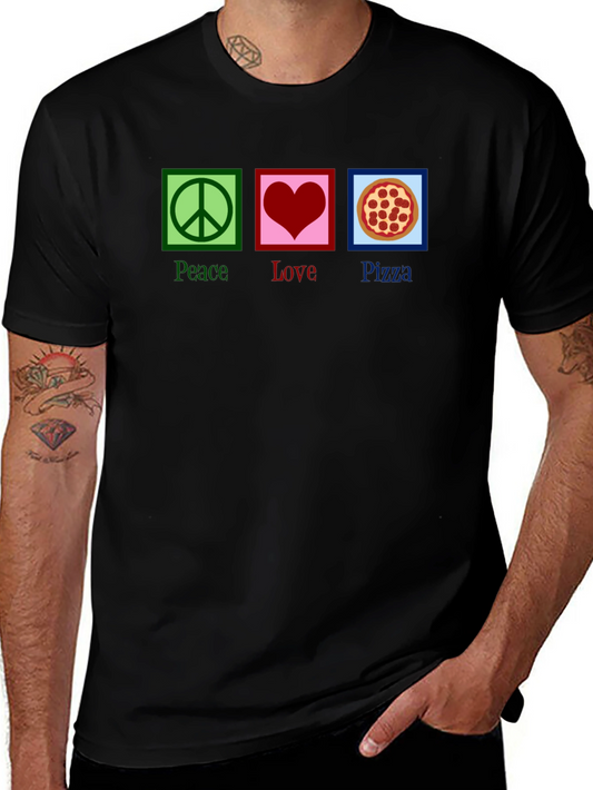 Peace Love Pizza Graphic Tee - Black Cotton T-Shirt