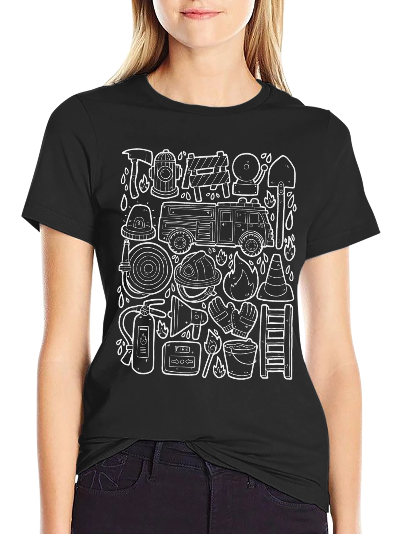 Firefighter Doodle Graphic Black T-Shirt