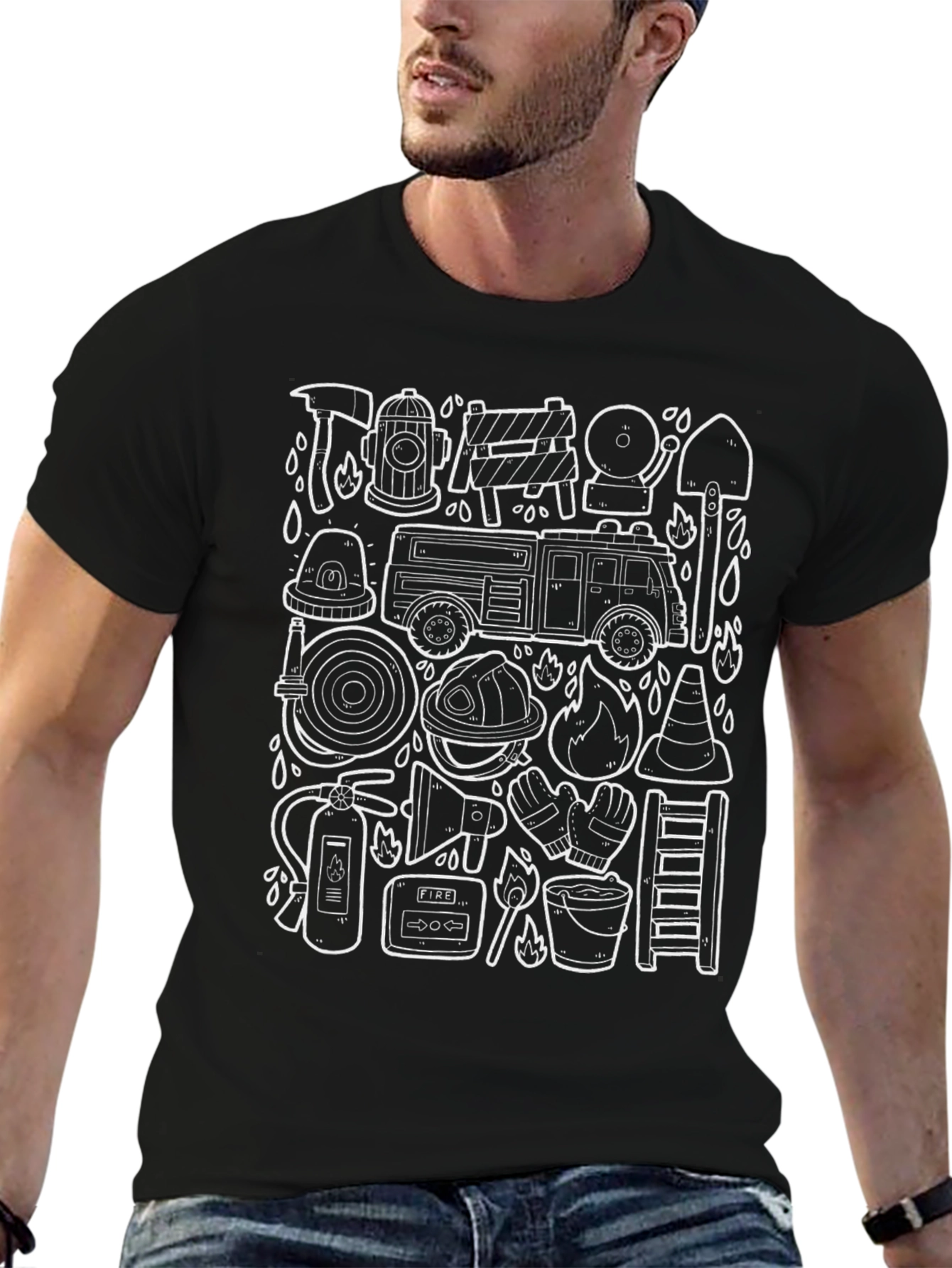 Firefighter Doodle Graphic Black T-Shirt