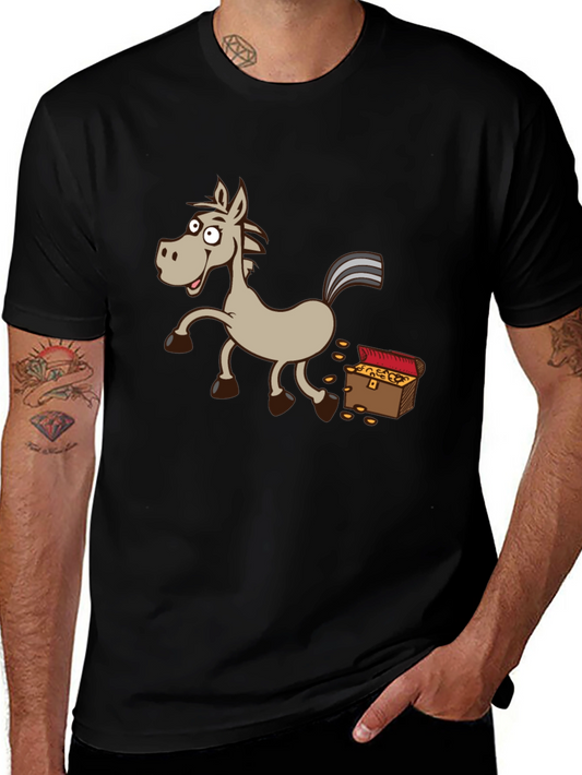 Cartoon Horse & Treasure Chest Black T-Shirt
