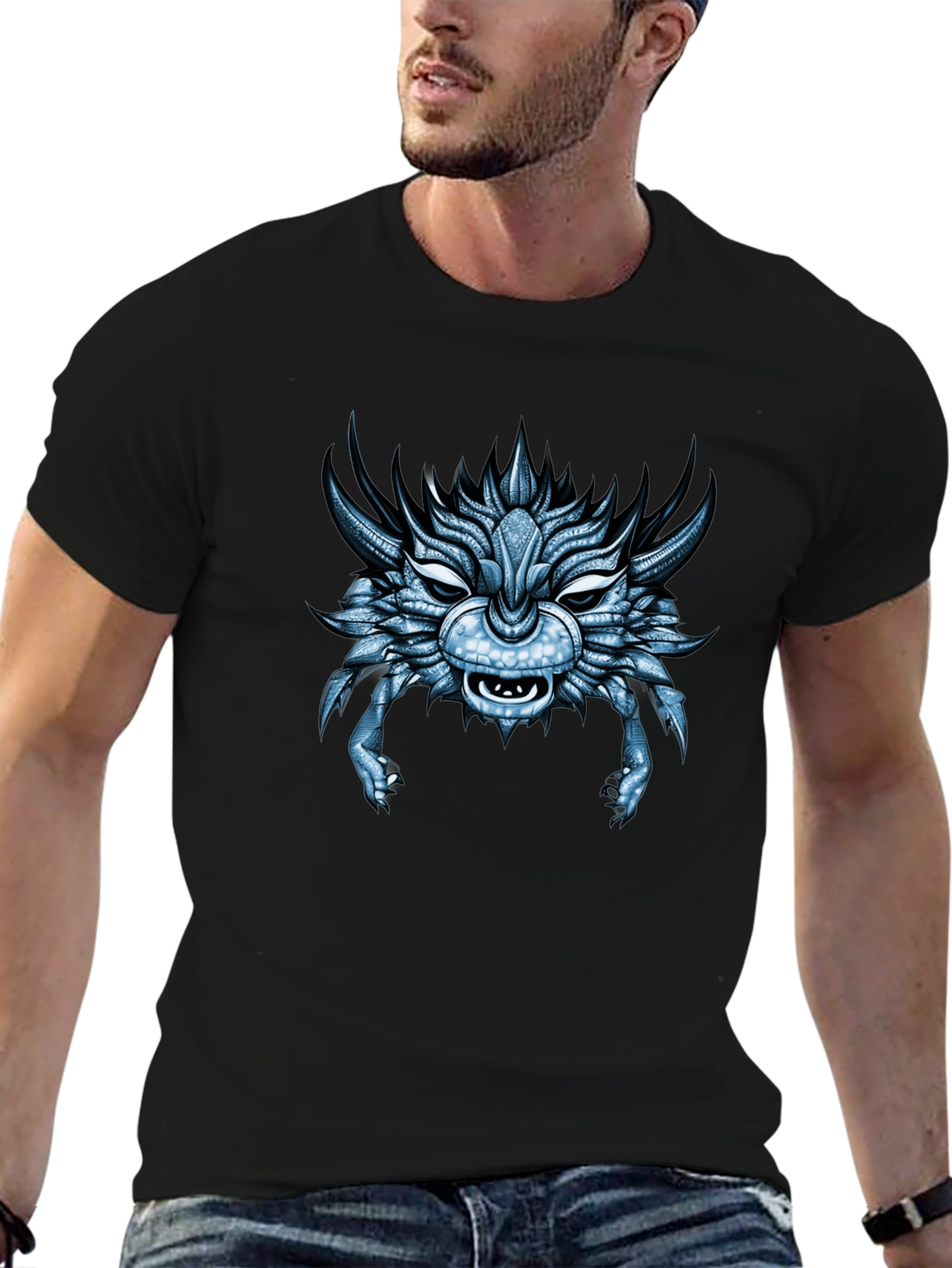 Cool Blue Dragon Head Graphic T-Shirt