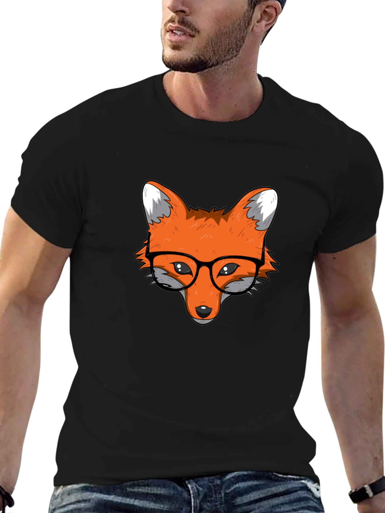 Fox with Glasses Black T-Shirt