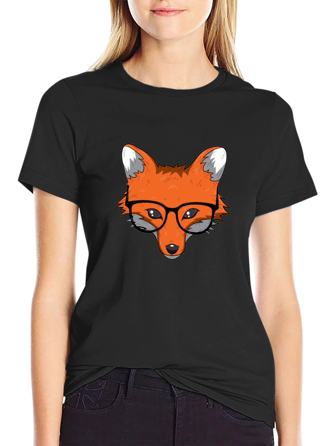 Fox with Glasses Black T-Shirt