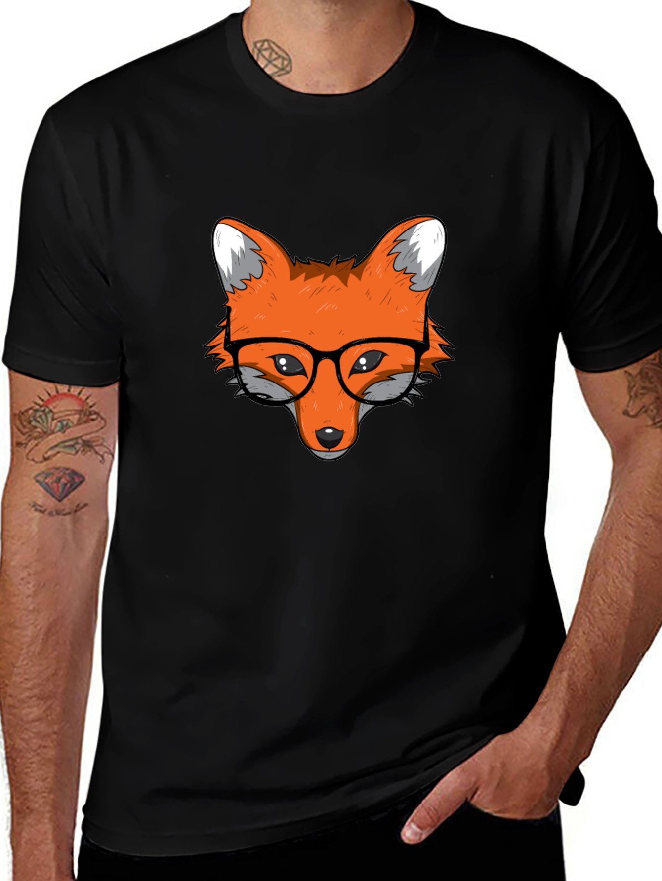 Fox with Glasses Black T-Shirt