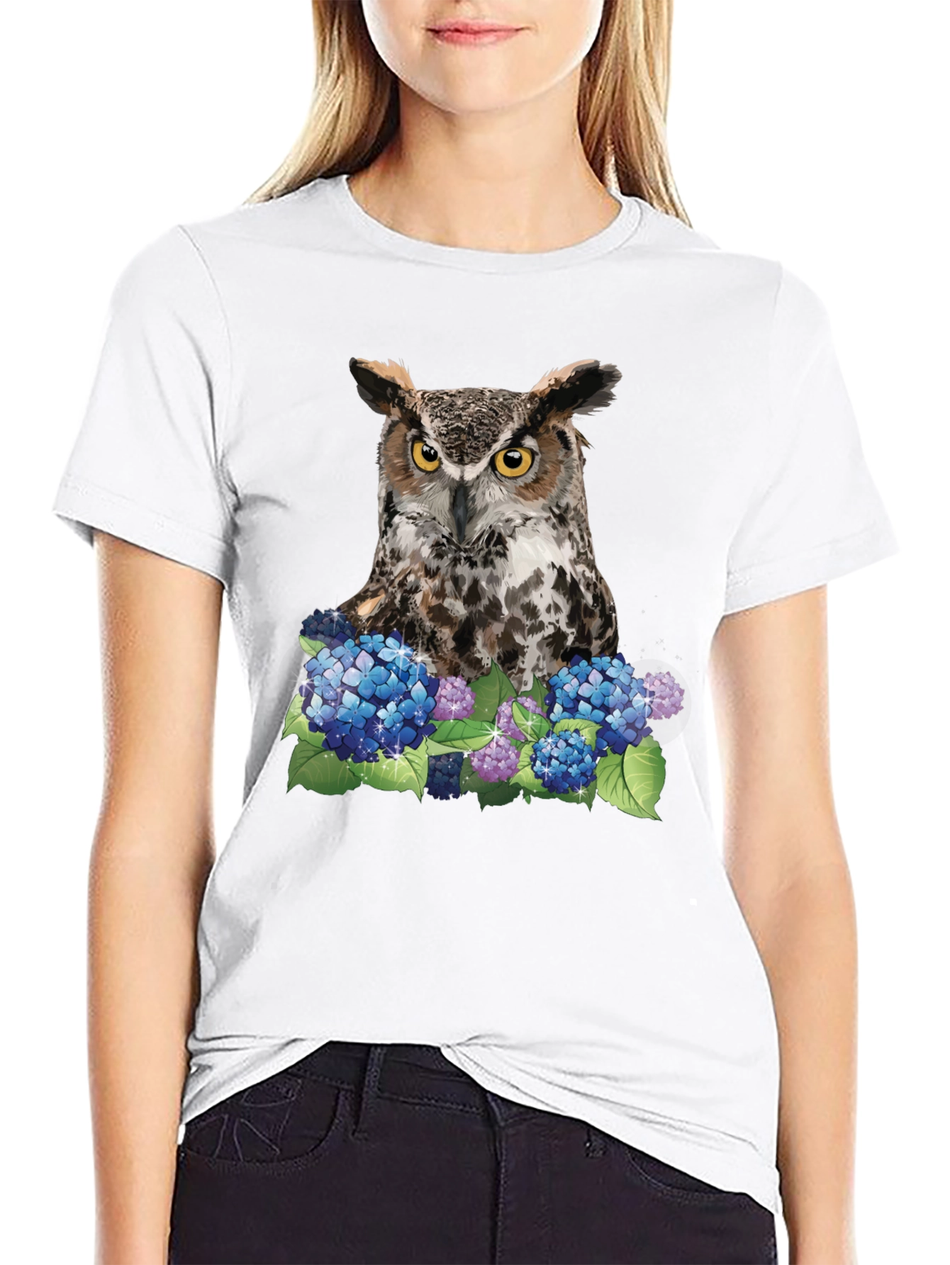 Owl and Hydrangea Graphic Tee - Nature T-Shirt