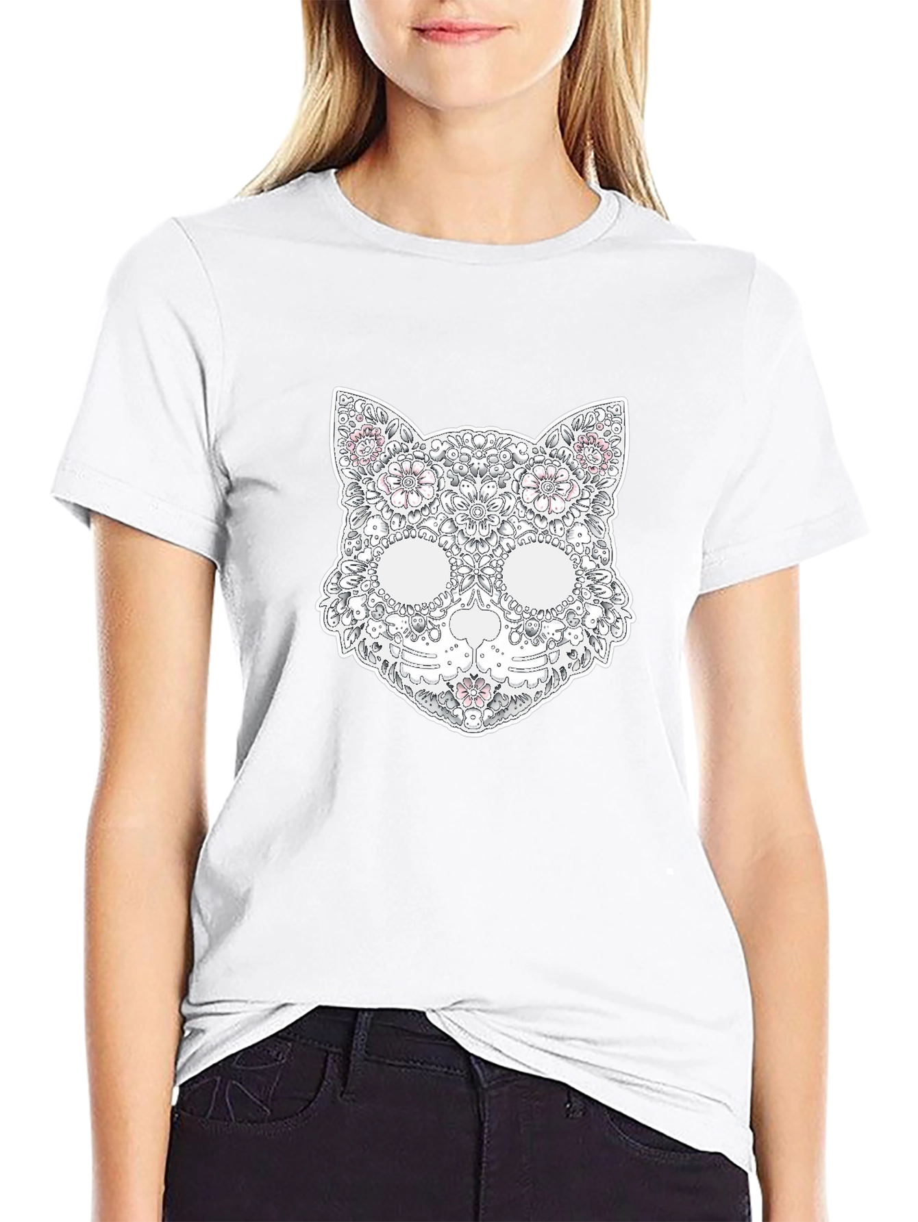 Floral Cat Skull T-Shirt - Unique Graphic Tee