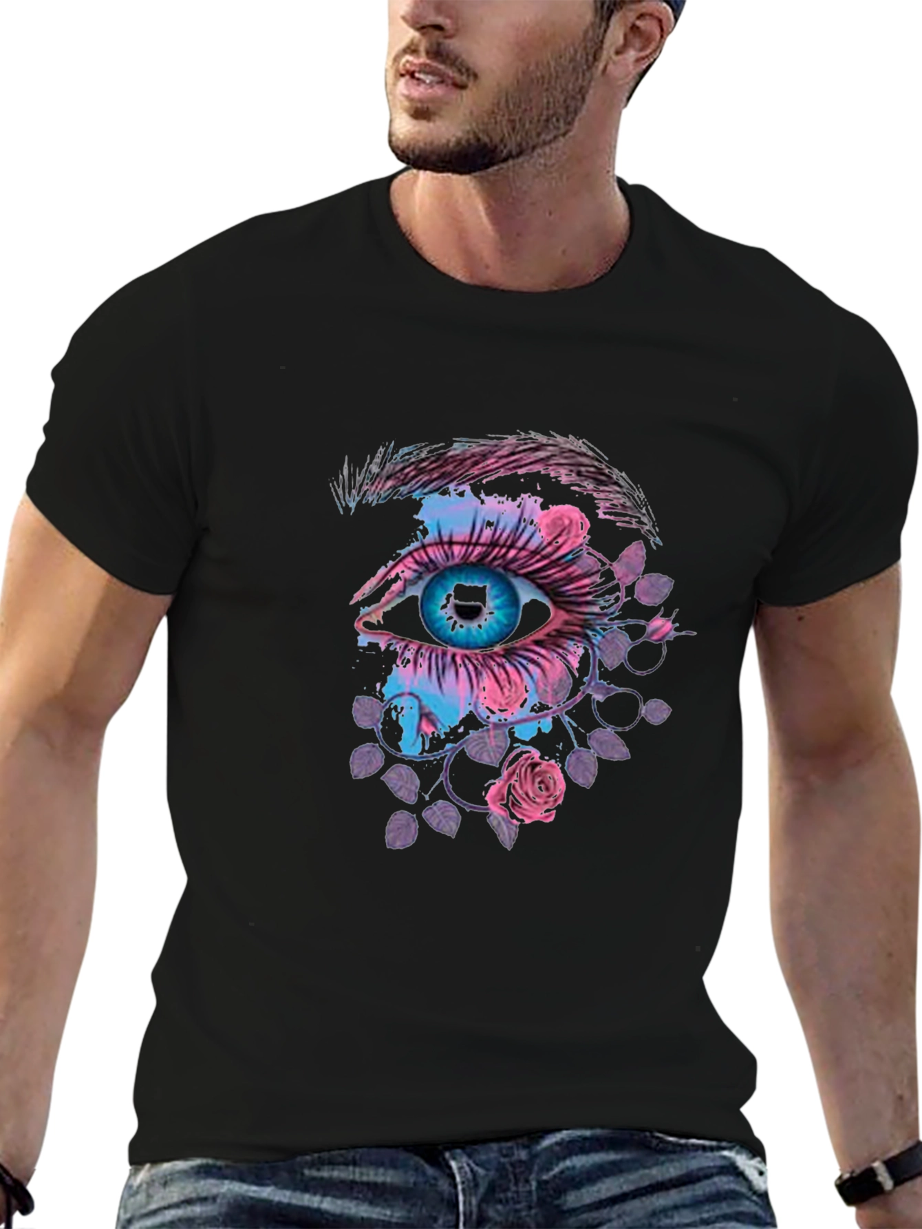 Eye and Roses Graphic Print Black T-Shirt