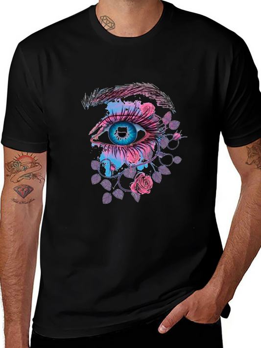 Eye and Roses Graphic Print Black T-Shirt