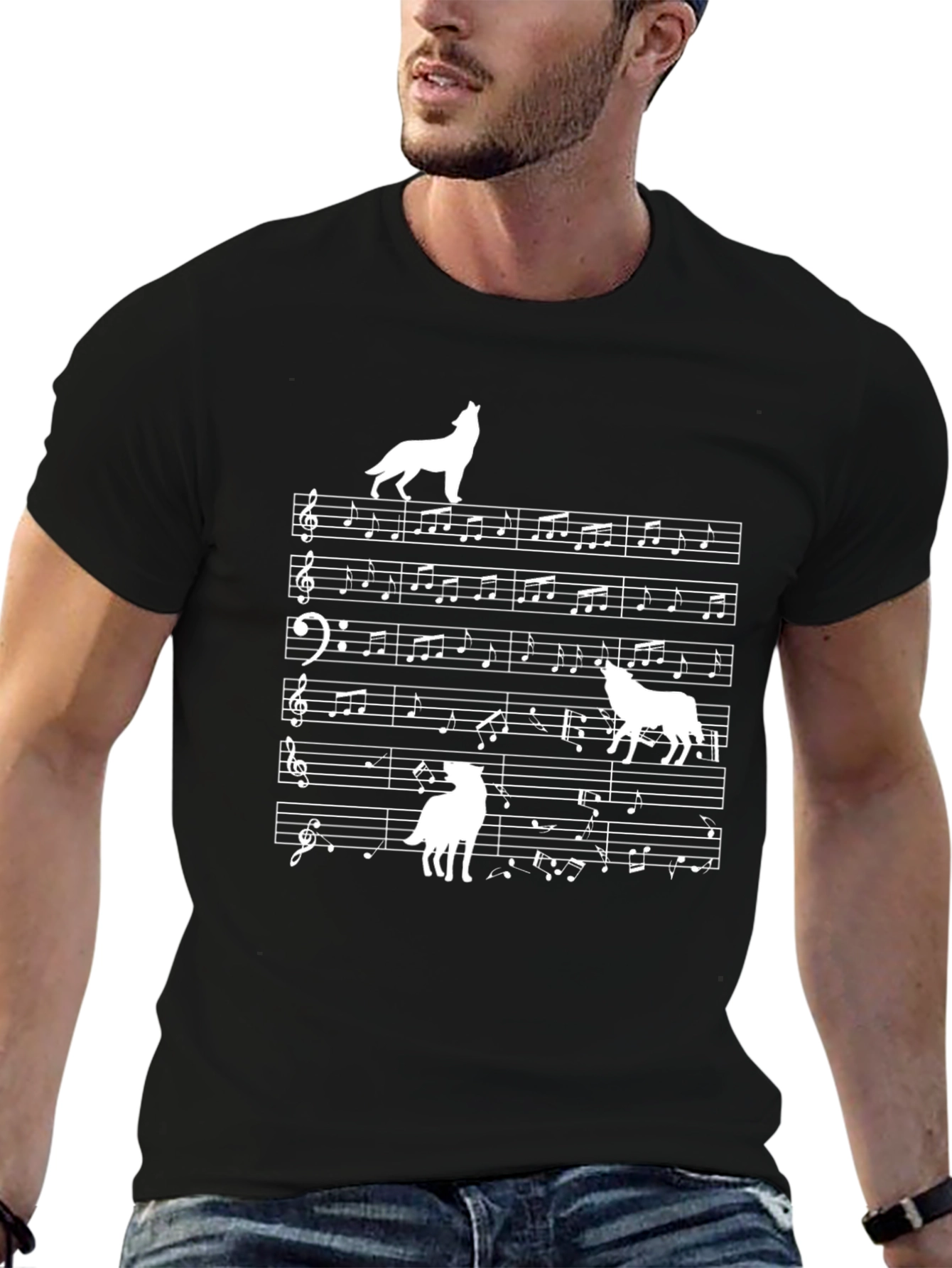 Wolf Music Note Graphic Black T-Shirt