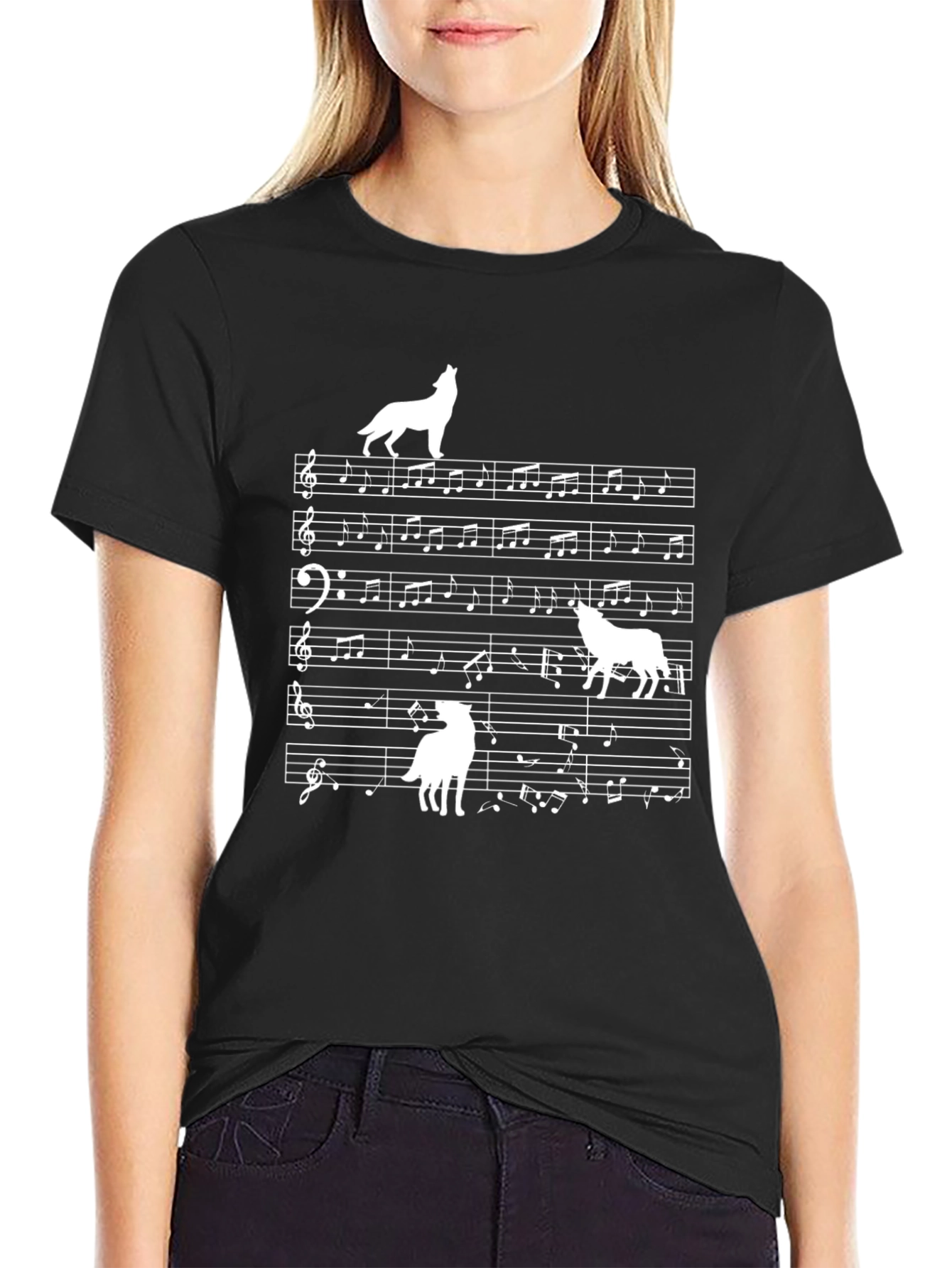 Wolf Music Note Graphic Black T-Shirt