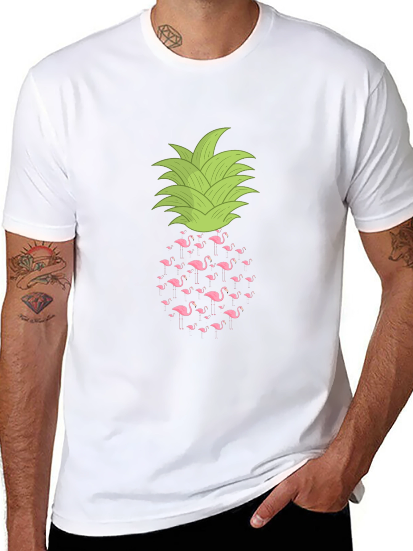 Flamingo Pineapple Print Black T-Shirt