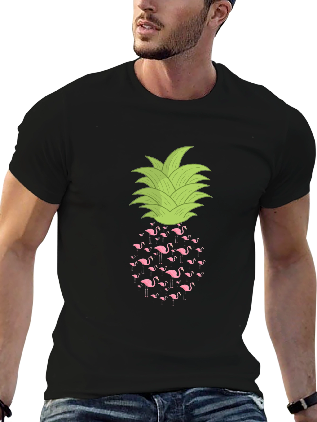Flamingo Pineapple Print Black T-Shirt