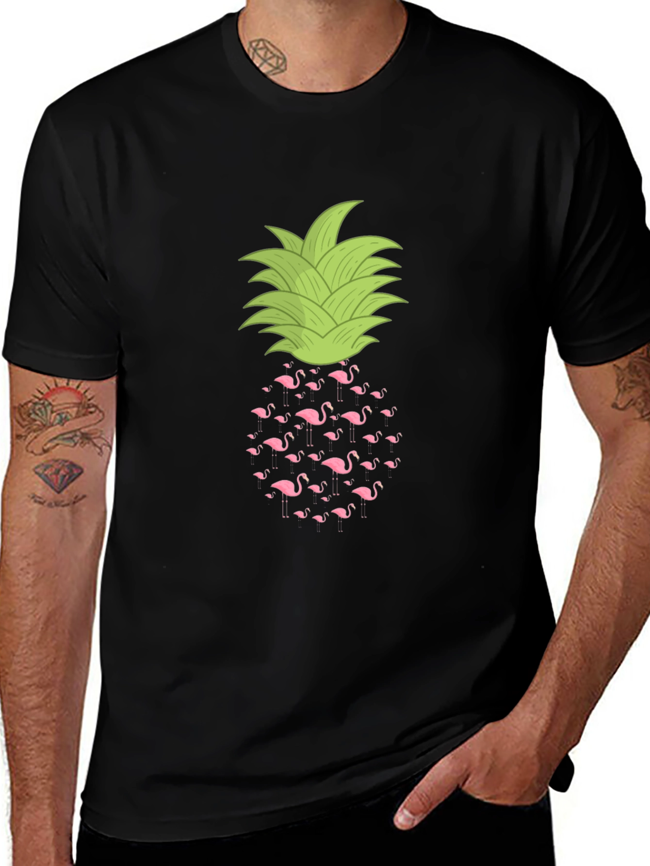 Flamingo Pineapple Print Black T-Shirt