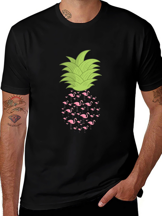 Flamingo Pineapple Print Black T-Shirt