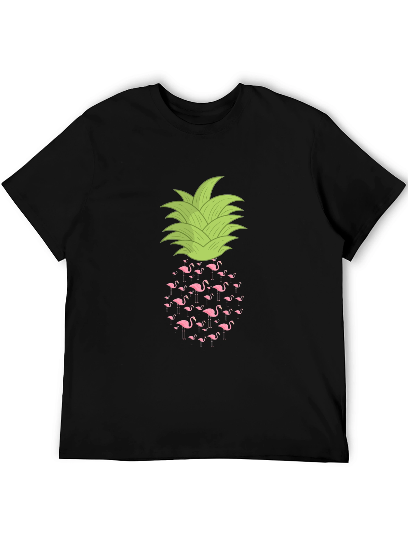 Flamingo Pineapple Print Black T-Shirt