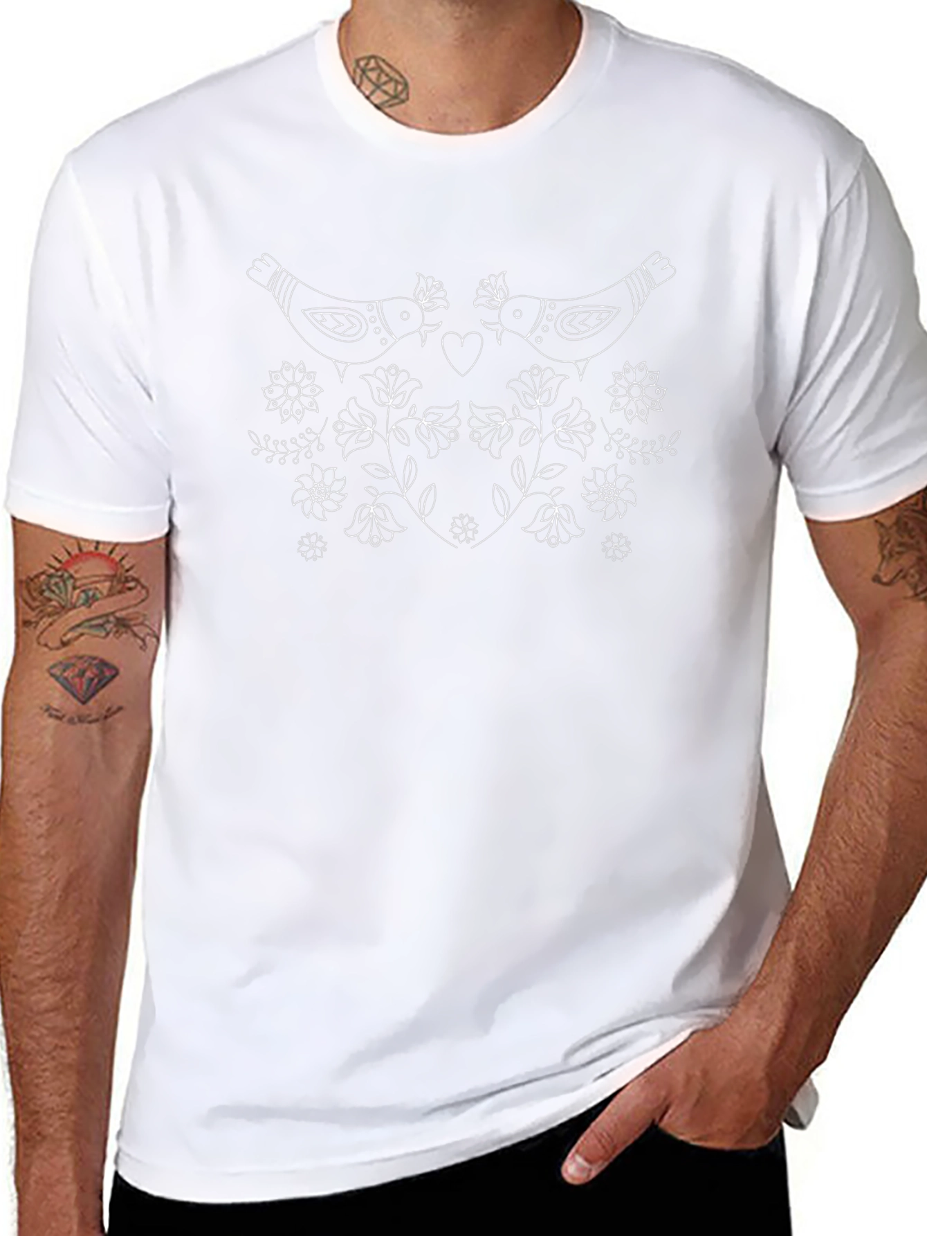 Whimsical Bird & Floral Graphic Black T-Shirt