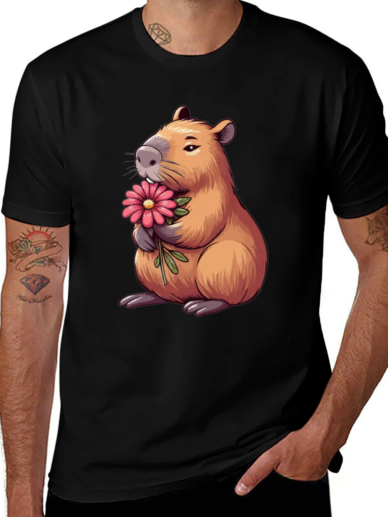 Capybara with Flower Graphic T-Shirt