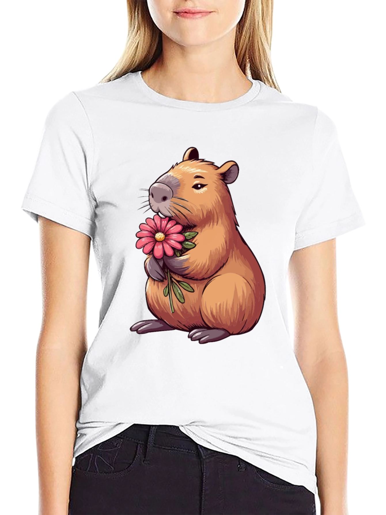 Capybara with Flower Graphic T-Shirt