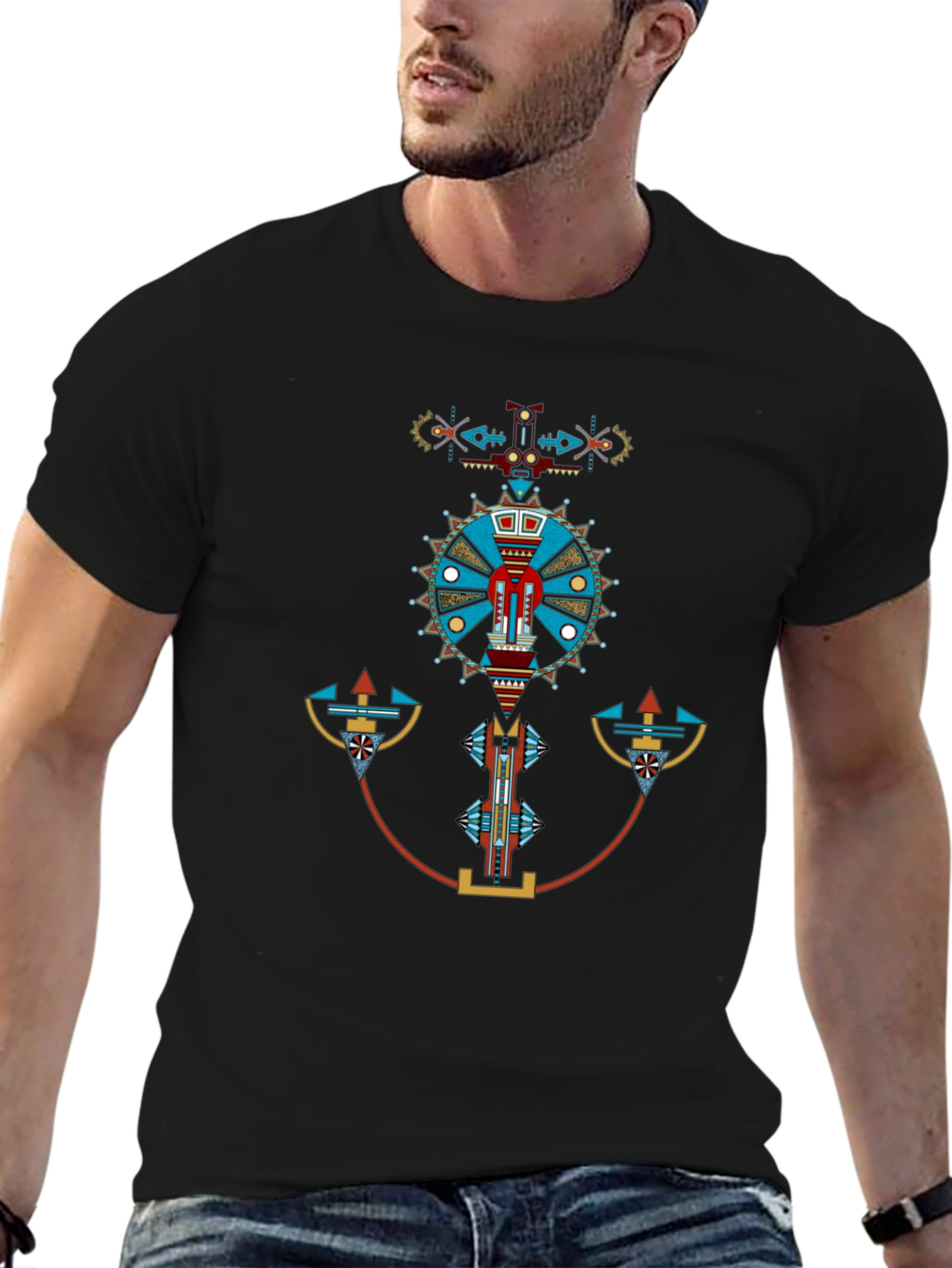 Geometric Aztec Design Black T-Shirt