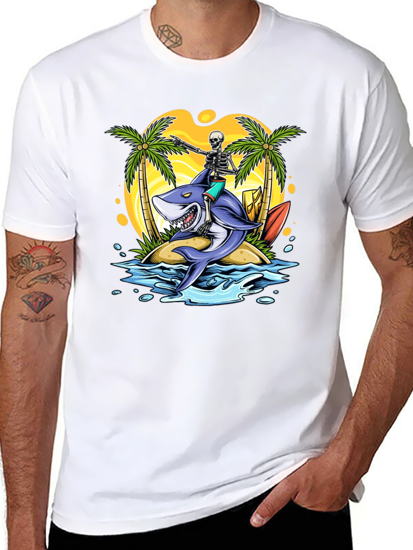 Surfing Shark Skeleton Tee - Island Vibes