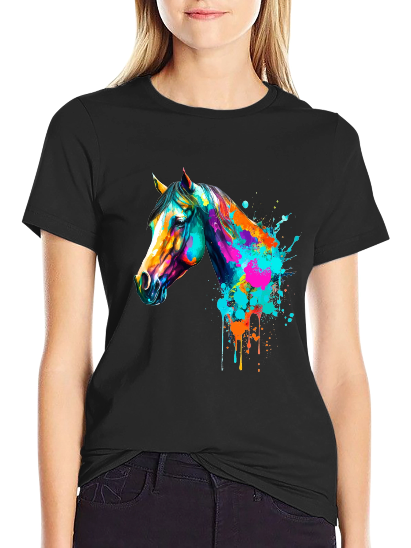 Vibrant Horse Graphic Print Mens Black T-Shirt