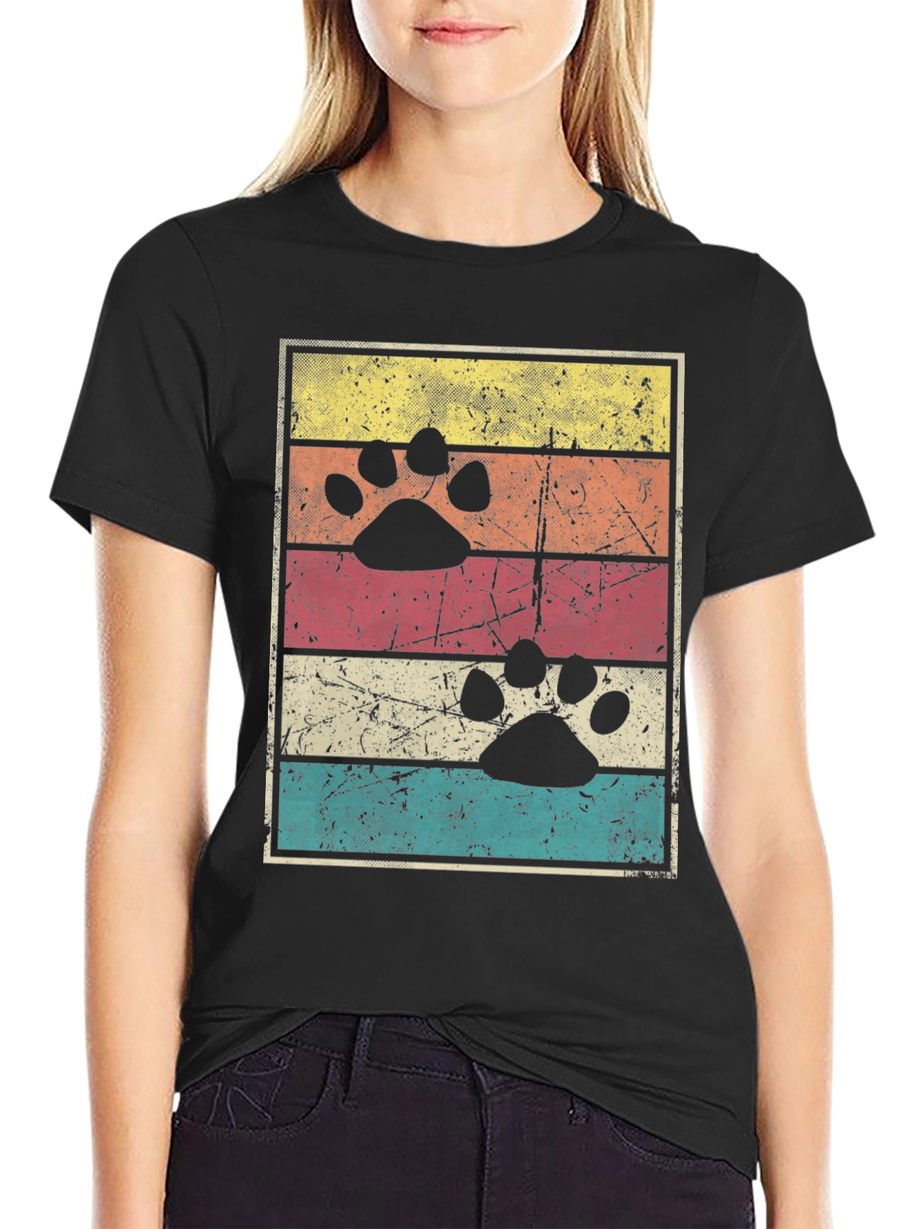 Retro Paw Print Graphic Tee - Black