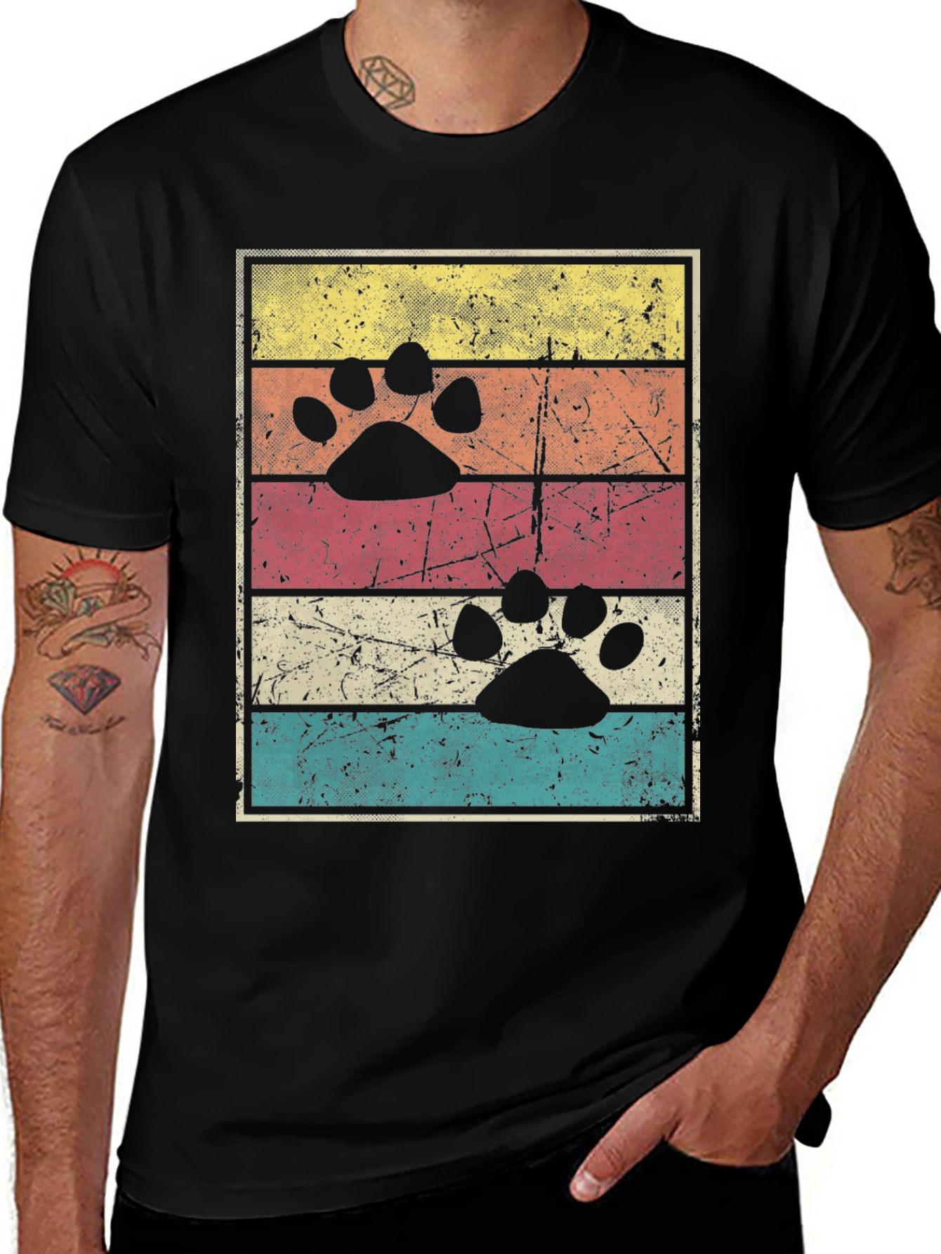 Retro Paw Print Graphic Tee - Black