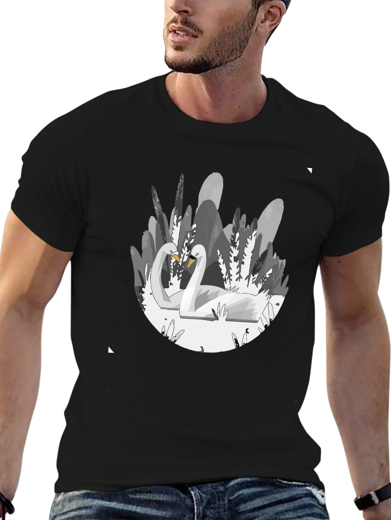 Elegant Swan Graphic T-Shirt - Soft Black Cotton Tee