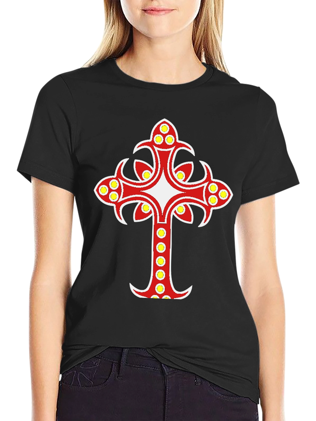 Decorative Cross Graphic Black T-Shirt