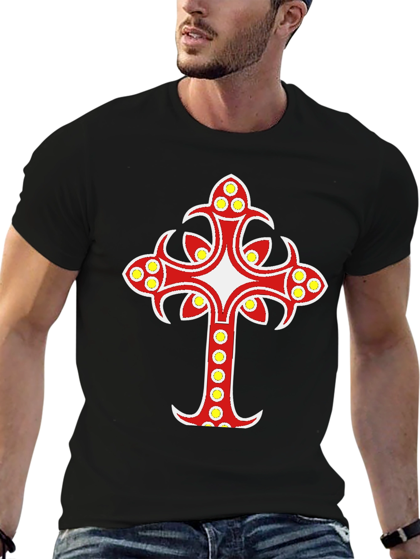 Decorative Cross Graphic Black T-Shirt