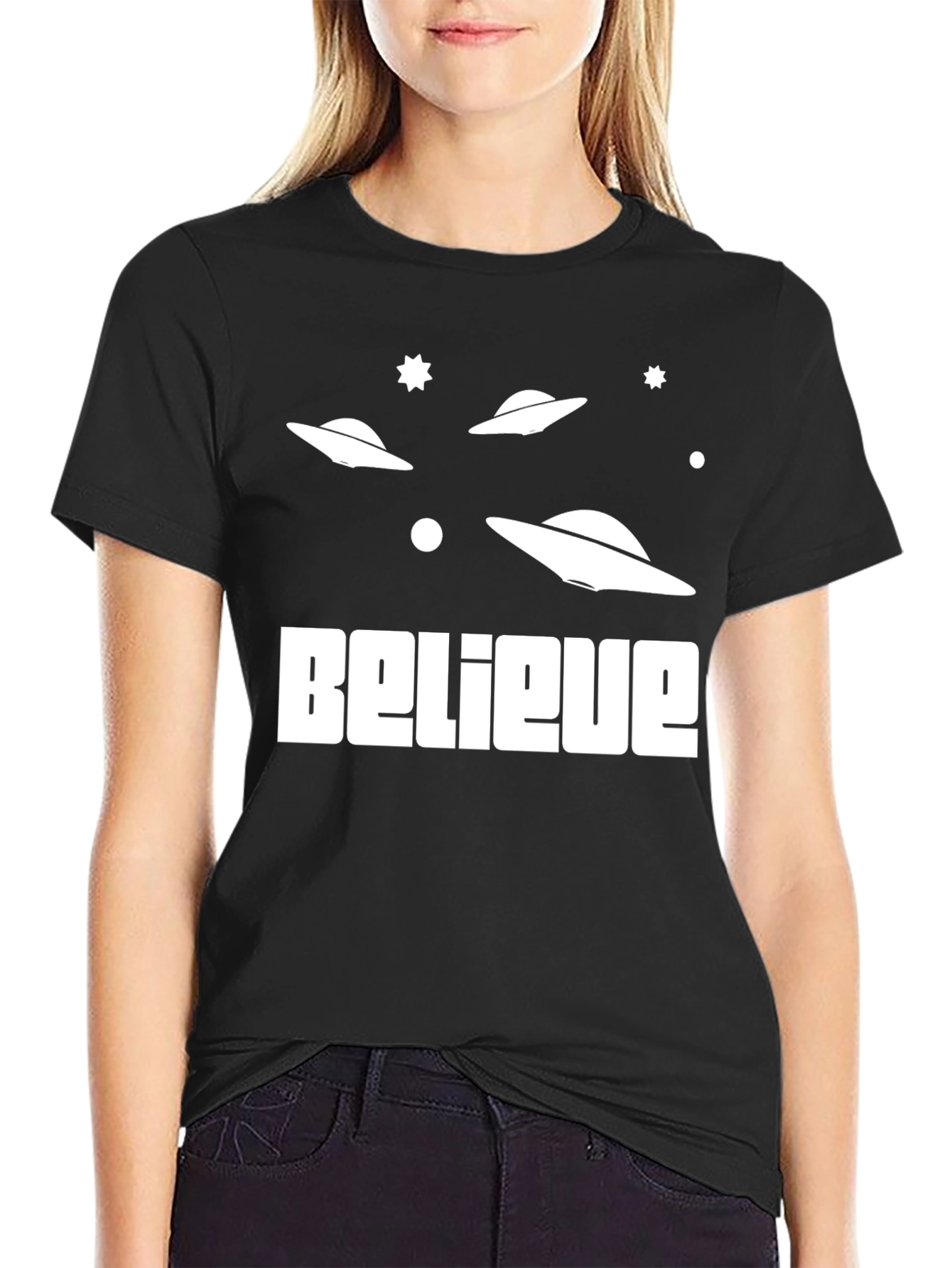 Believe Alien UFO Graphic Tee - Black