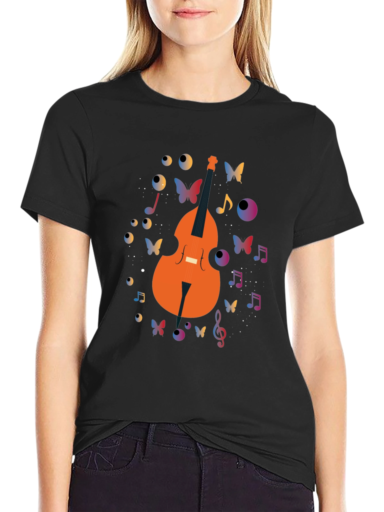 Musical Bass Guitar Butterfly Print Black T-Shirt