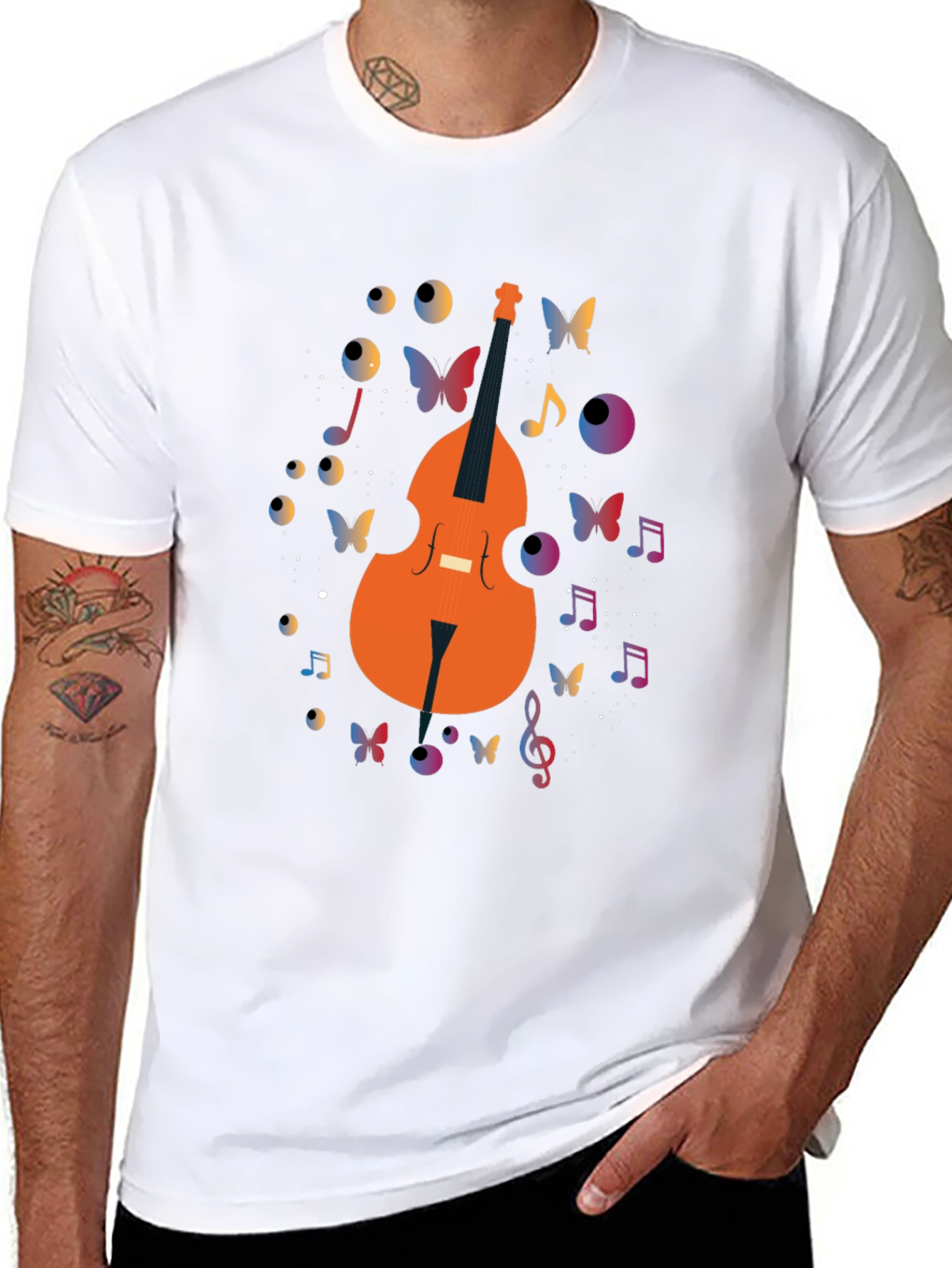 Musical Bass Guitar Butterfly Print Black T-Shirt